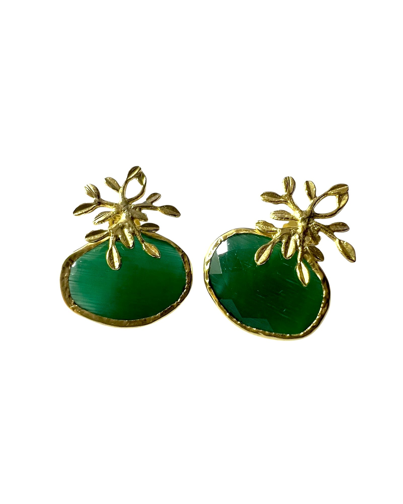 Leaf Earrings with Green Stone in Gold Plated Silver