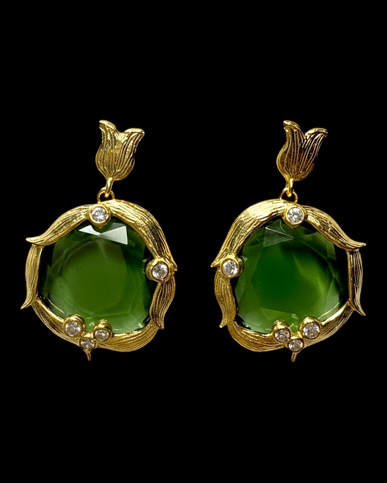 Earrings with Green Stone in Gold-Plated Silver
