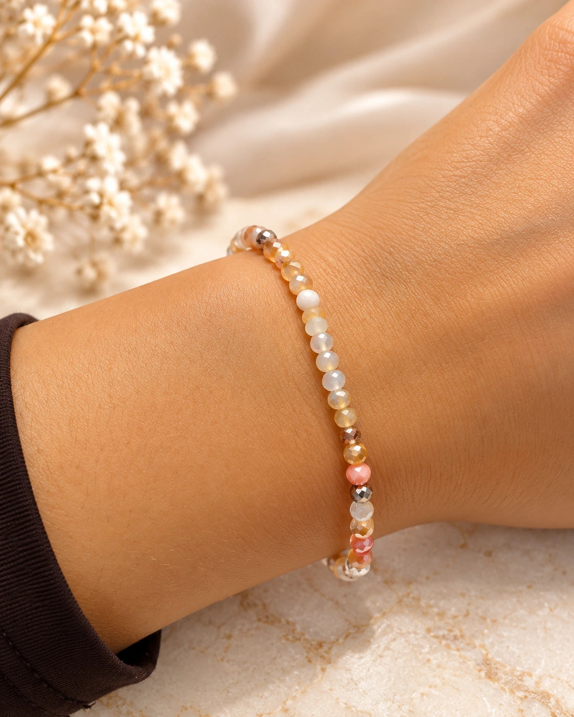 5 - Pulseira Pedras Tons Champanhe com Prata