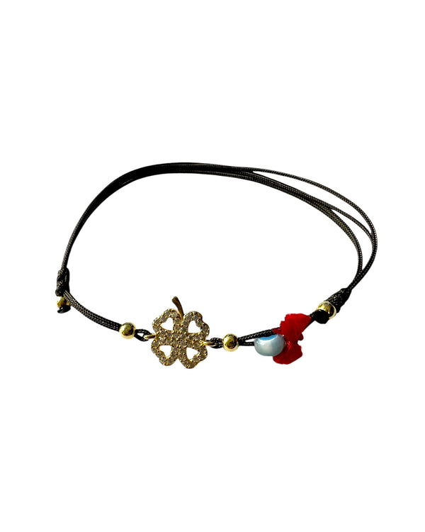 Pulseira Seda Trevo em Prata Dourada